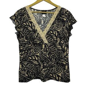 JKLA Womens Y2K Lace Trim Babydoll Top Size L Brown Cap Sleeve Fairy Grunge VTG